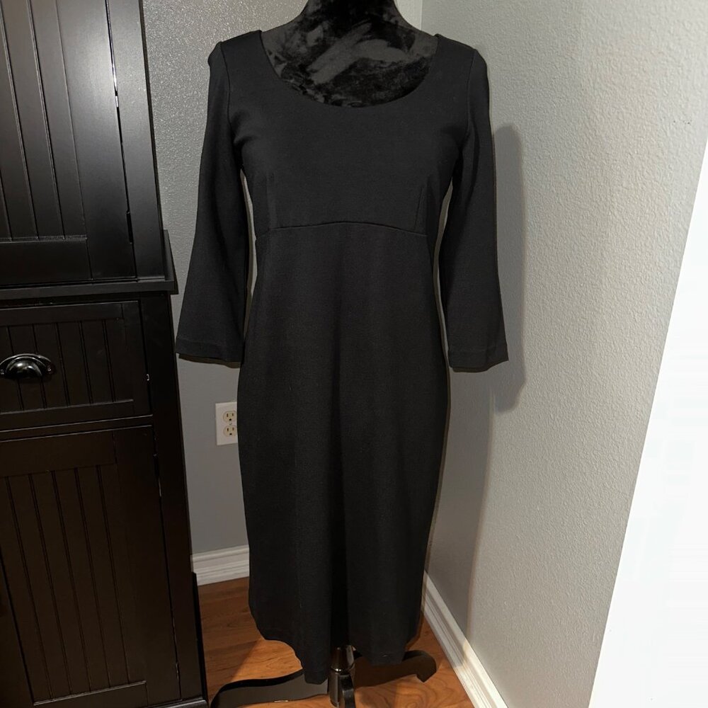 Talbots Petites 6P Black‎ 3/4 Sleeve Midi Dress Scoop Neck Sheath Career Modern
